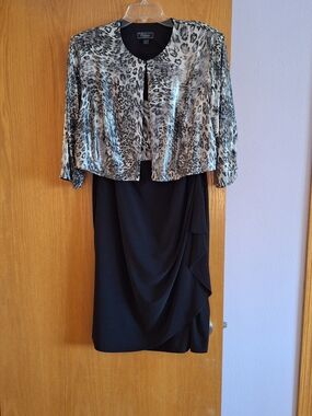 Dress Barn Black Midi Dress with Silver Animal-Print Jacket